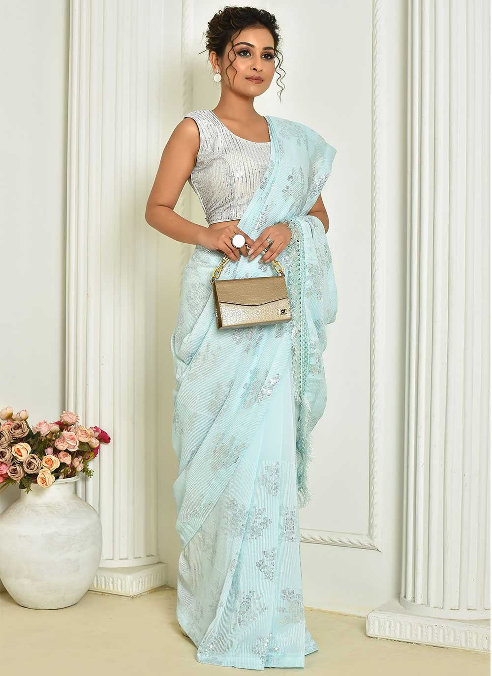 Designer Georgette Aqua Blue Embroidered Saree