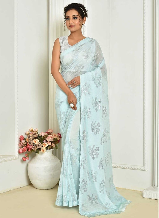 Designer Georgette Aqua Blue Embroidered Saree