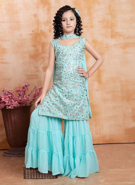 Salwar Suit Faux Georgette Aqua Blue Sequins Kids