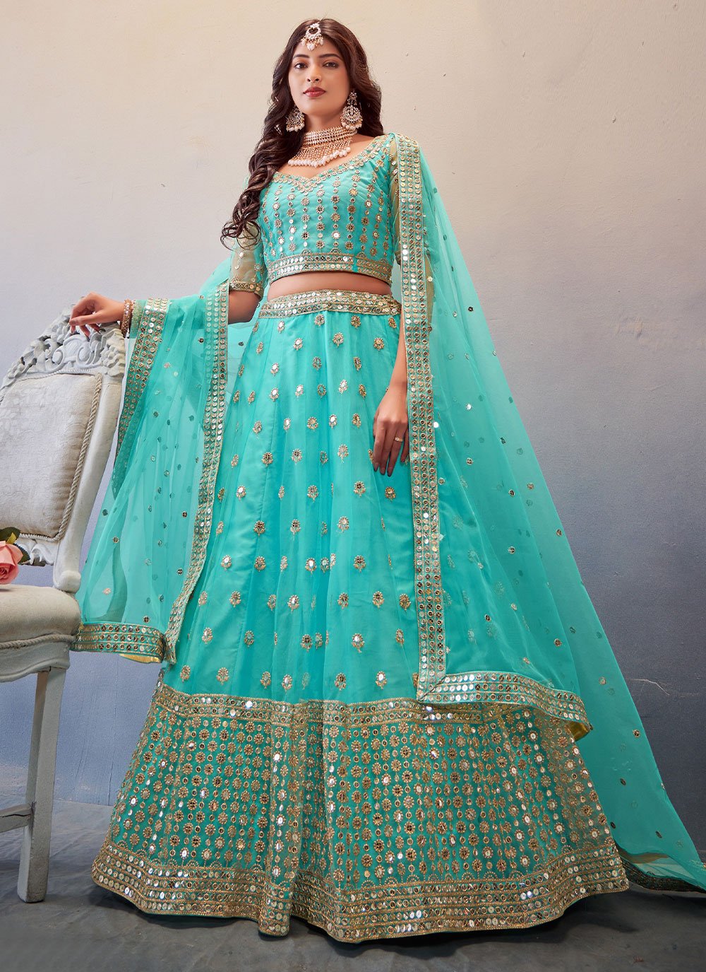 Lehenga Choli Net Aqua Blue Embroidered Lehenga Choli