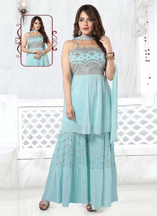 Salwar Suit Georgette Aqua Blue Sequins Salwar Kameez