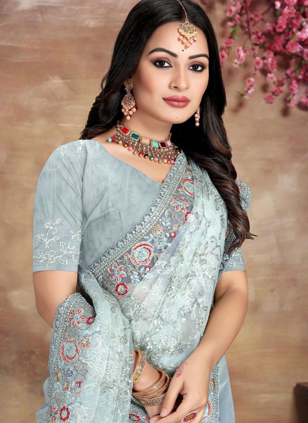 Classic Net Aqua Blue Cord Work Saree