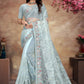 Classic Net Aqua Blue Cord Work Saree
