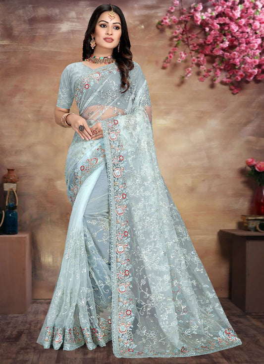 Classic Net Aqua Blue Cord Work Saree