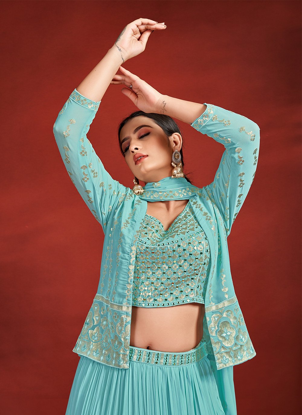 Lehenga Choli Georgette Aqua Blue Mirror Lehenga Choli