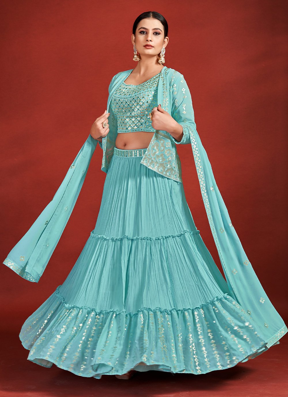 Lehenga Choli Georgette Aqua Blue Mirror Lehenga Choli