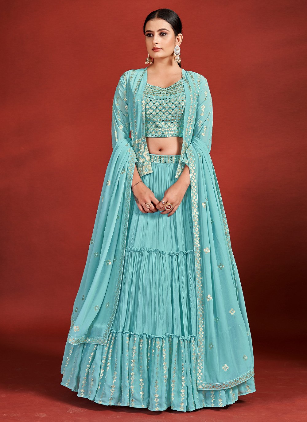 Lehenga Choli Georgette Aqua Blue Mirror Lehenga Choli