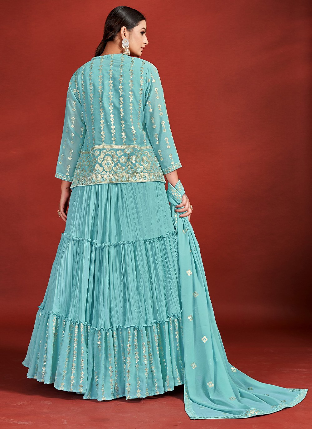 Lehenga Choli Georgette Aqua Blue Mirror Lehenga Choli