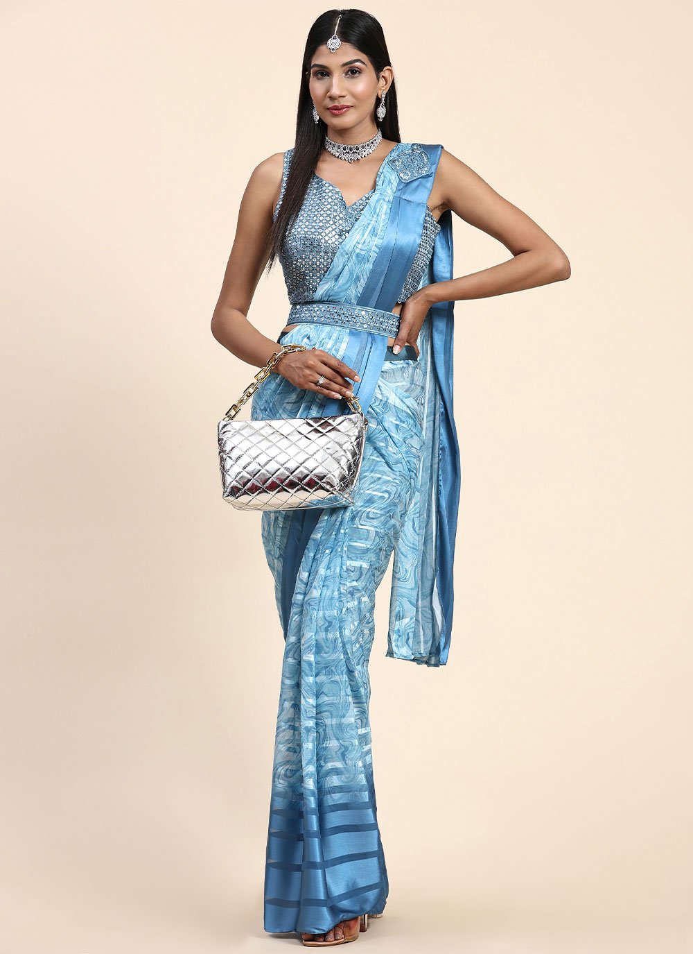 Trendy Saree Satin Silk Aqua Blue Embroidered Saree