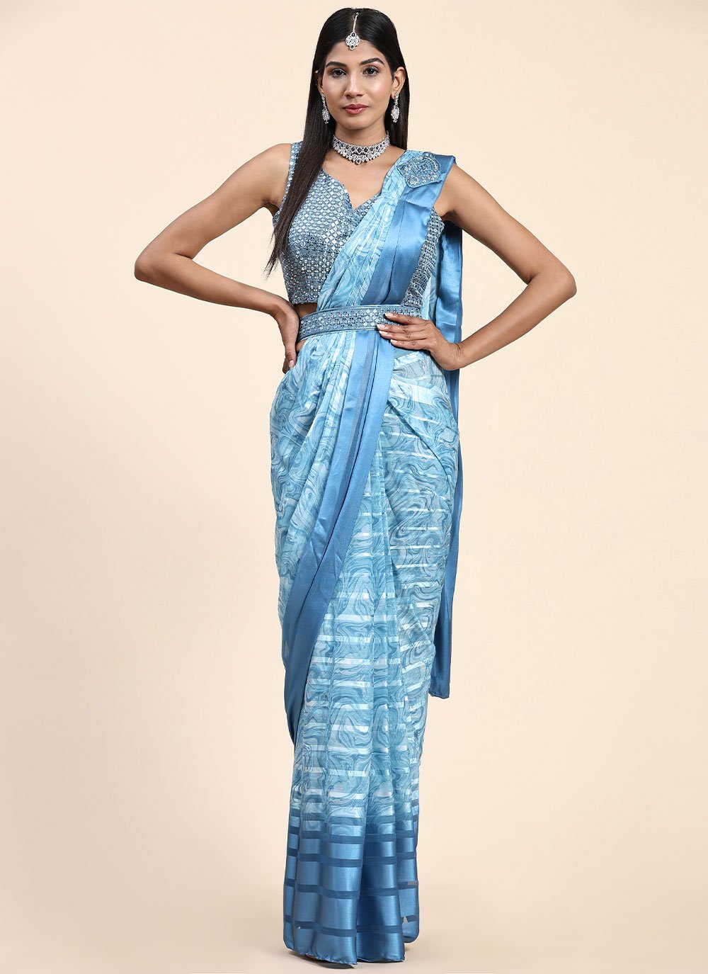 Trendy Saree Satin Silk Aqua Blue Embroidered Saree