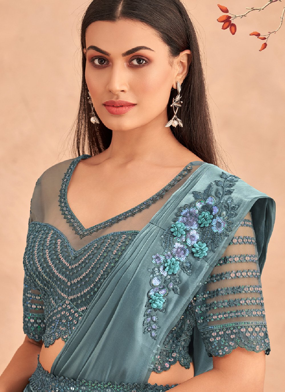 Designer Silk Aqua Blue Embroidered Saree