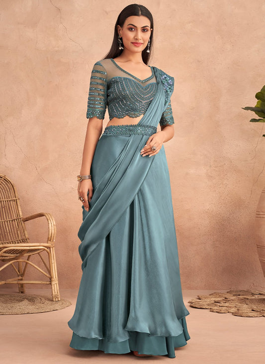 Designer Silk Aqua Blue Embroidered Saree