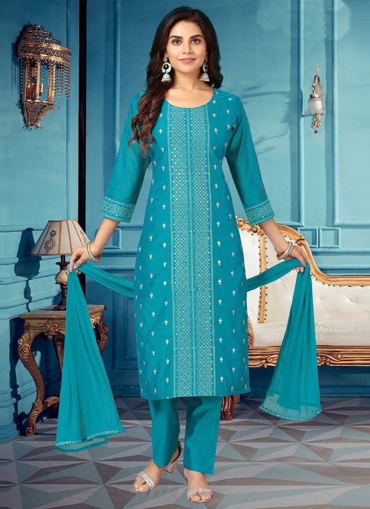 Salwar Suit Silk Aqua Blue Embroidered Salwar Kameez
