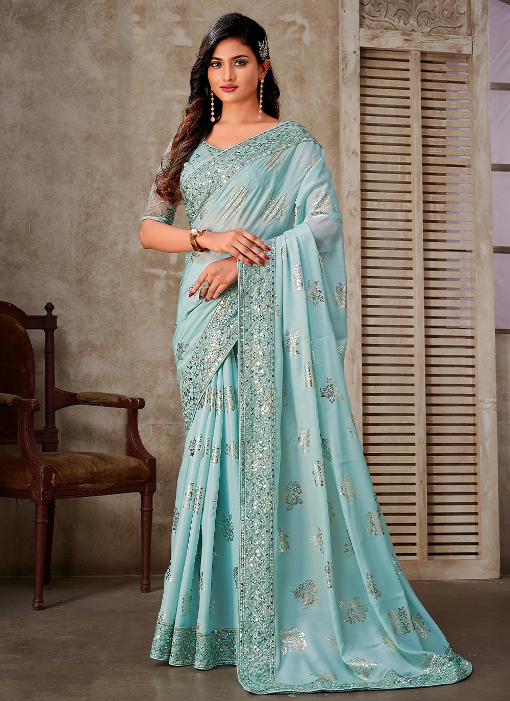 Traditional Saree Foil Silk Aqua Blue Patch Border Saree