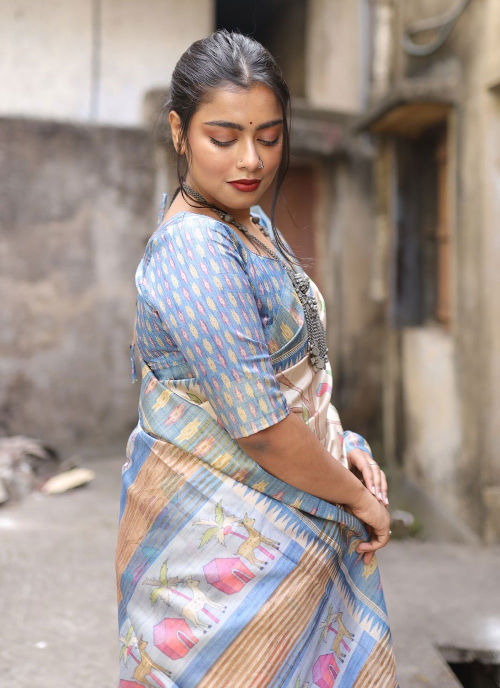 Contemporary Silk Aqua Blue Print Saree