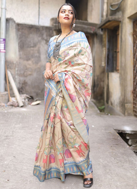 Contemporary Silk Aqua Blue Print Saree