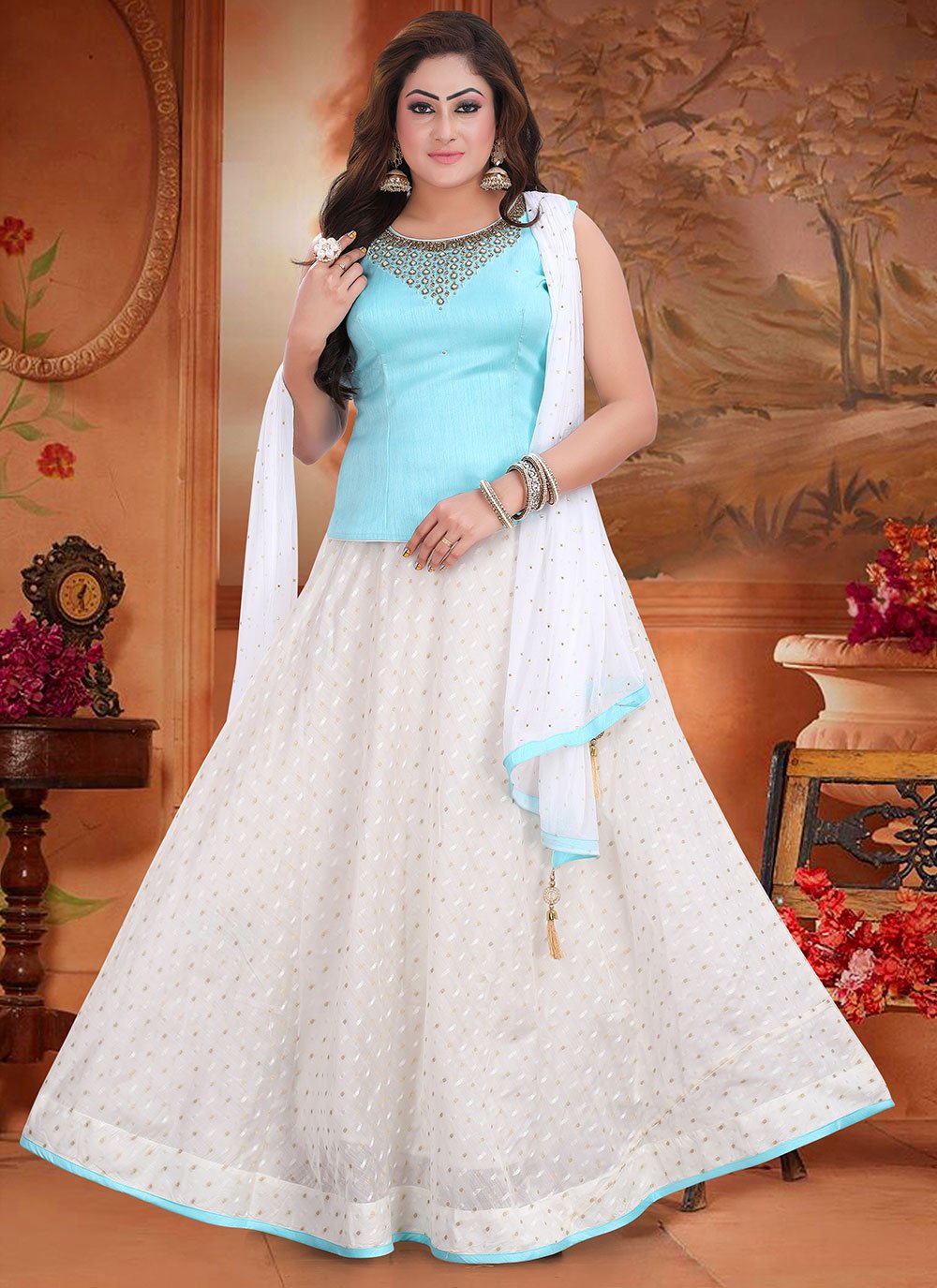 Readymade Lehenga Choli Silk Aqua Blue Embroidered Lehenga Choli