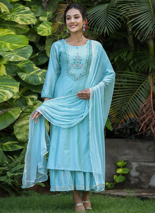 Salwar Suit Silk Aqua Blue Embroidered Salwar Kameez