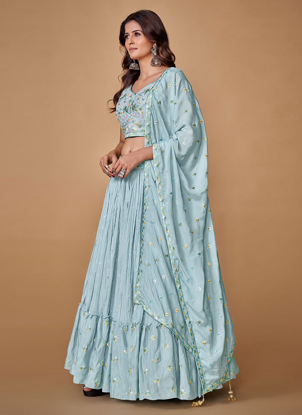 Lehenga Choli Chiffon Silk Aqua Blue Pearls Lehenga Choli