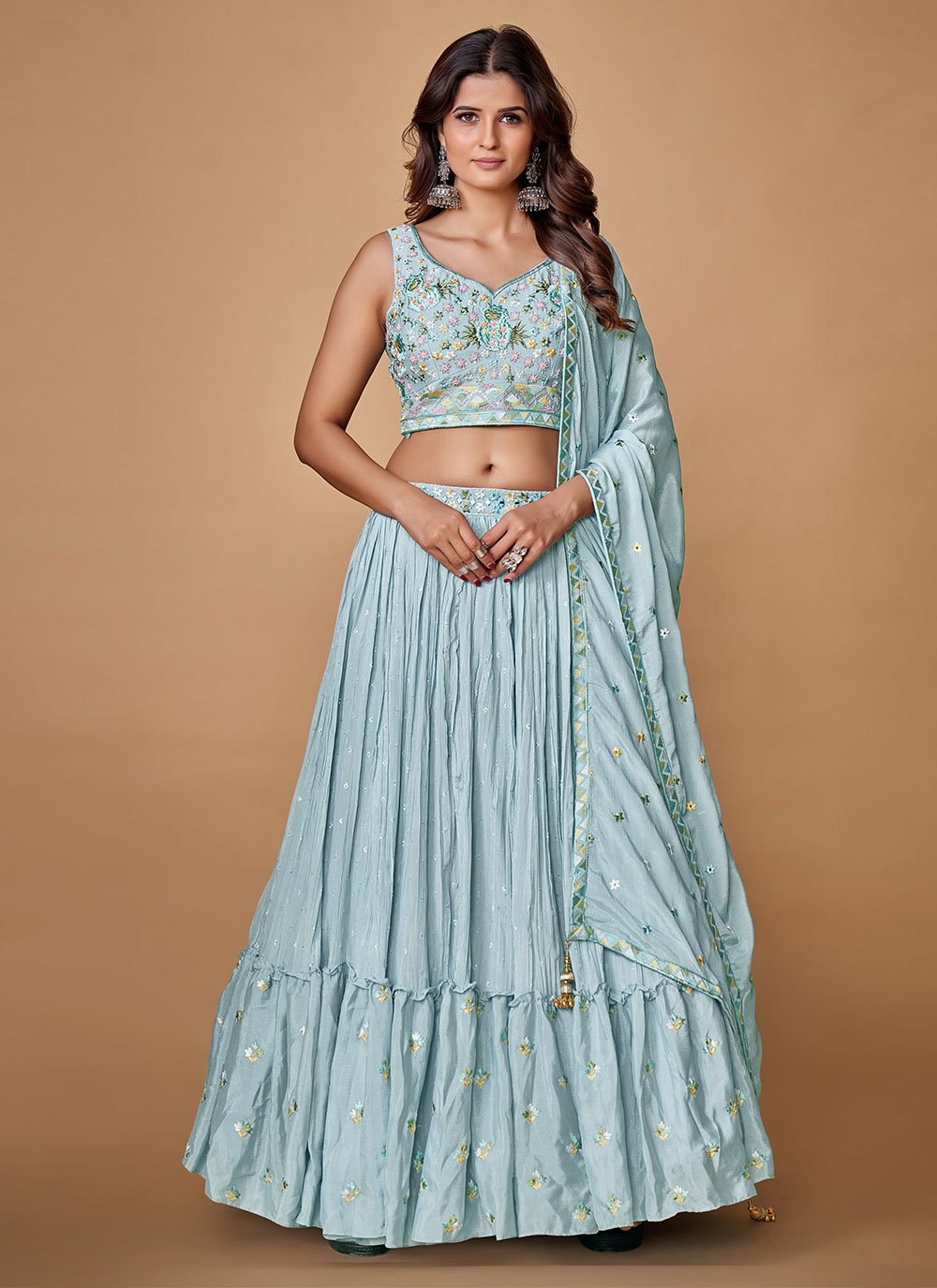 Lehenga Choli Chiffon Silk Aqua Blue Pearls Lehenga Choli