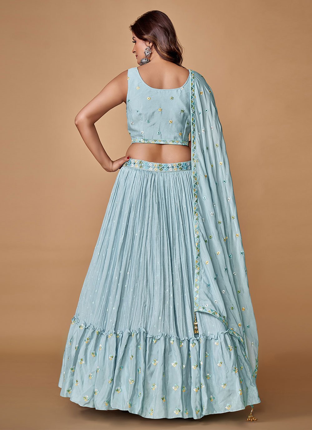 Lehenga Choli Chiffon Silk Aqua Blue Pearls Lehenga Choli