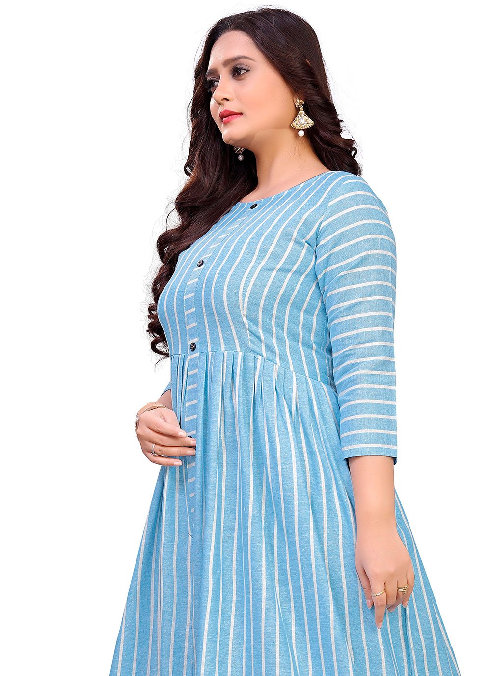 Gown Cotton Aqua Blue Strips Print Gown