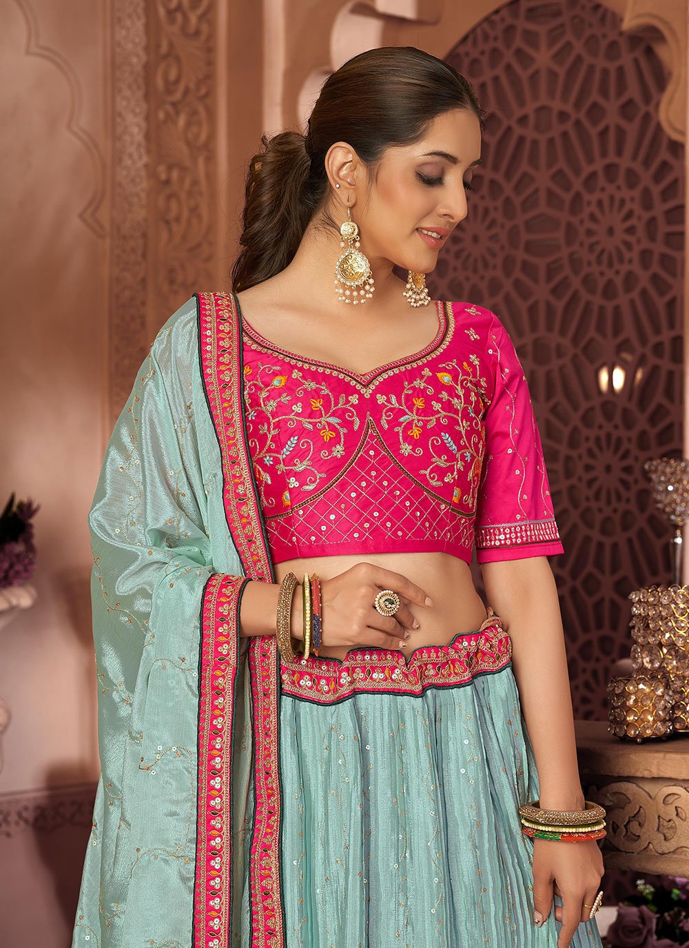 Lehenga Choli Chinon Crush Aqua Blue Embroidered Lehenga Choli