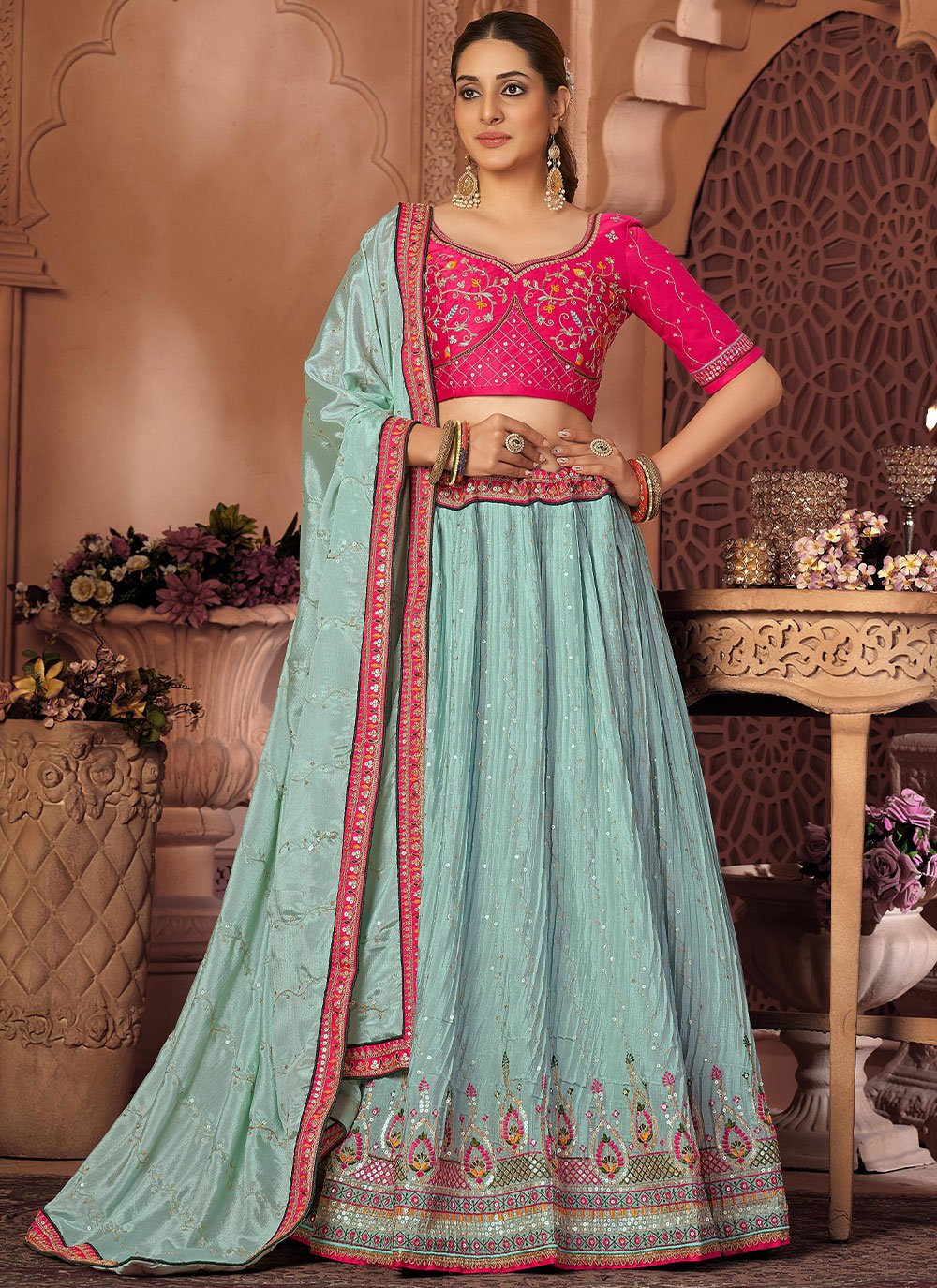 Lehenga Choli Chinon Crush Aqua Blue Embroidered Lehenga Choli