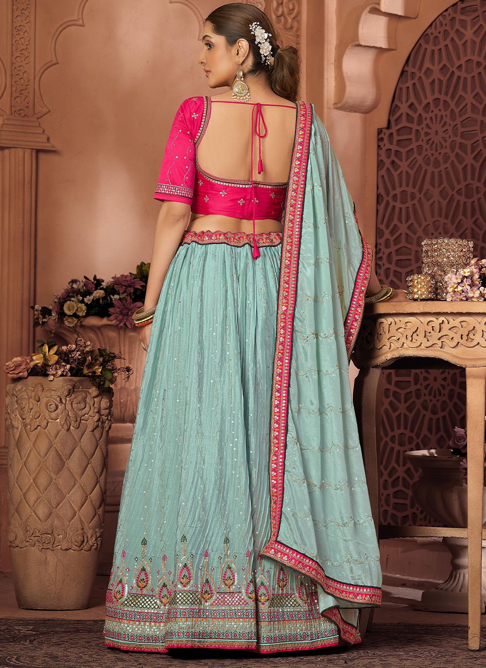 Lehenga Choli Chinon Crush Aqua Blue Embroidered Lehenga Choli