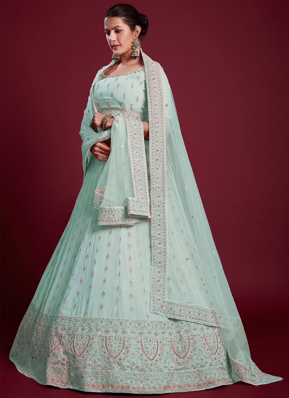 Lehenga Choli Georgette Aqua Blue Dori Work Lehenga Choli