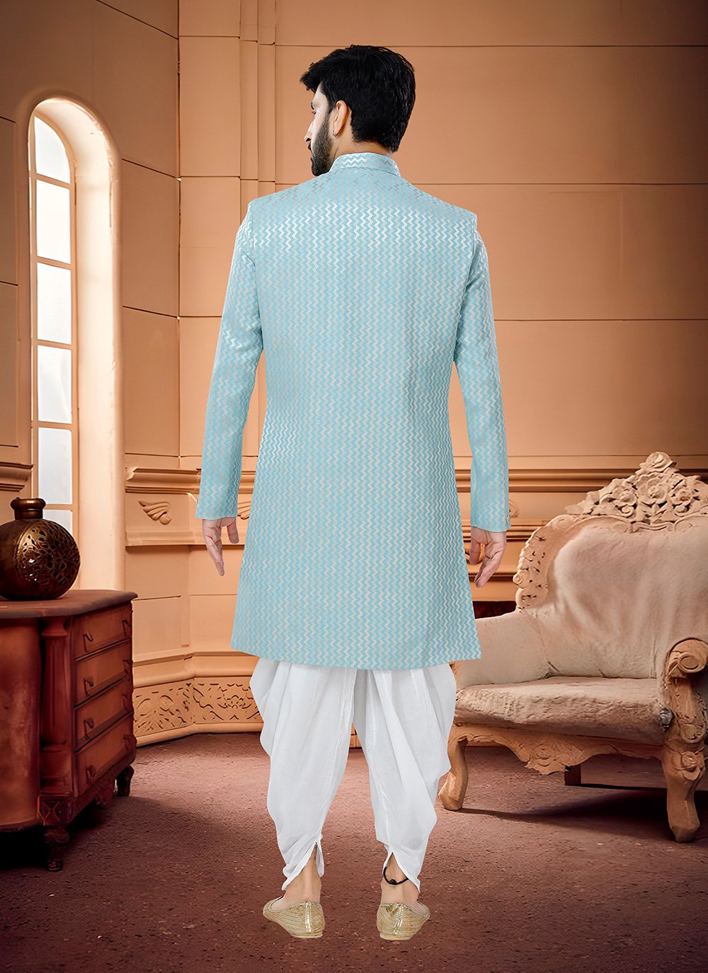 Indo Western Sherwani Jacquard Silk Aqua Blue Embroidered Mens