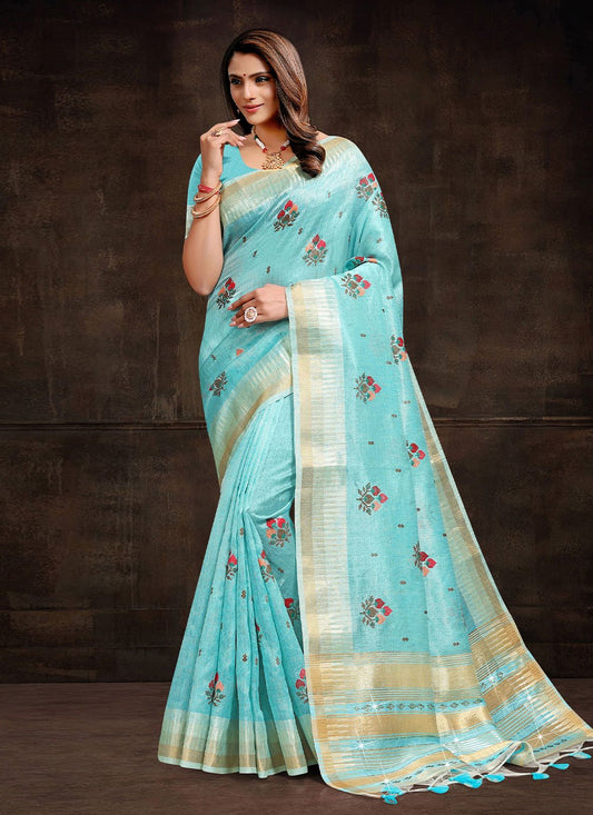 Contemporary Linen Tissue Aqua Blue Floral Patch Saree