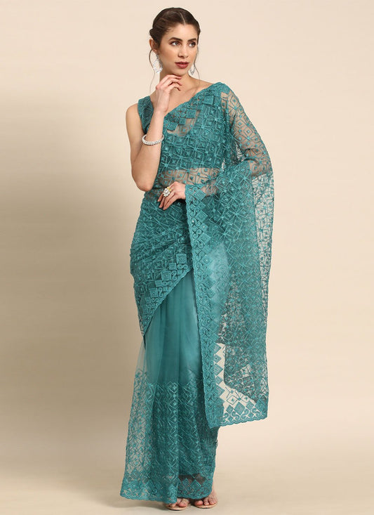 Trendy Saree Net Aqua Blue Embroidered Saree