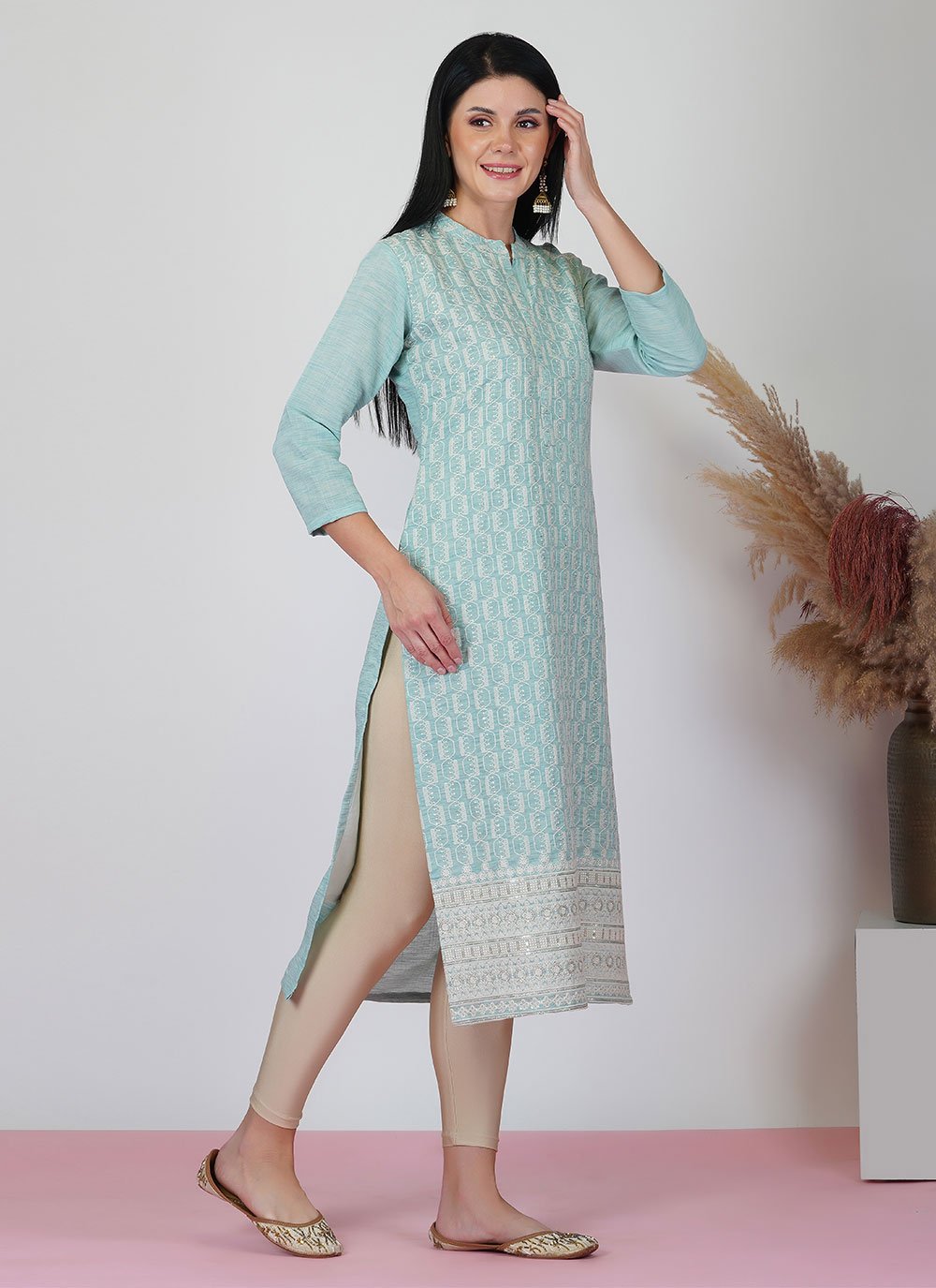 Party Wear Kurti Viscose Aqua Blue Embroidered Kurtis