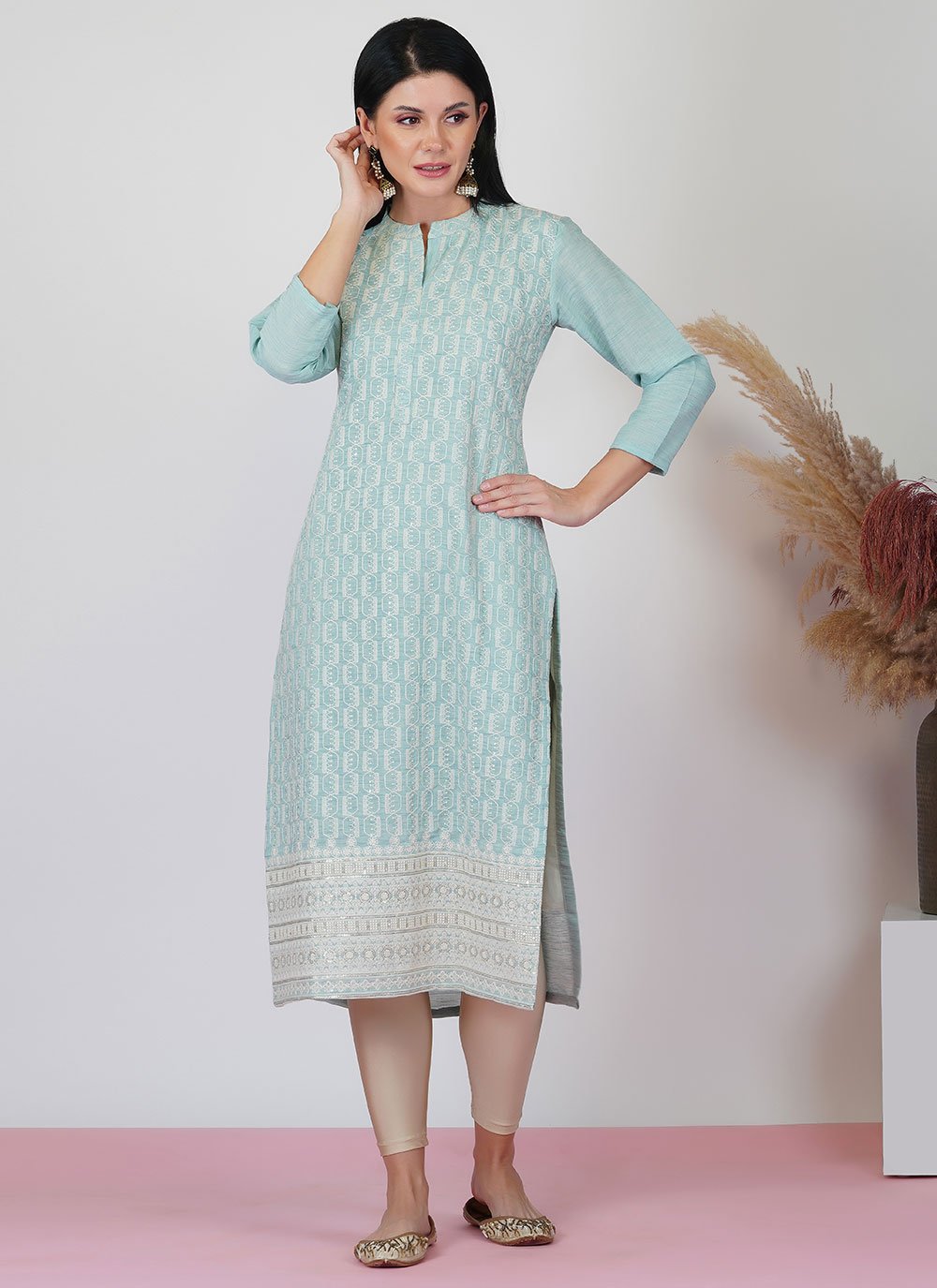 Party Wear Kurti Viscose Aqua Blue Embroidered Kurtis