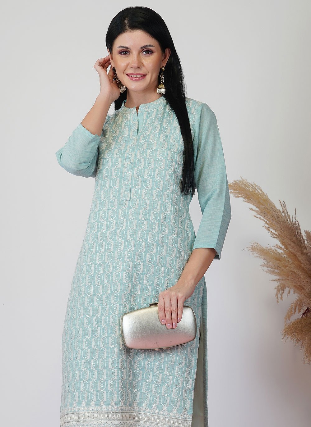 Party Wear Kurti Viscose Aqua Blue Embroidered Kurtis