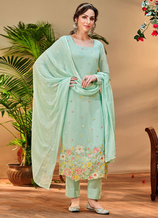 Salwar Suit Georgette Viscose Aqua Blue Embroidered Salwar Kameez