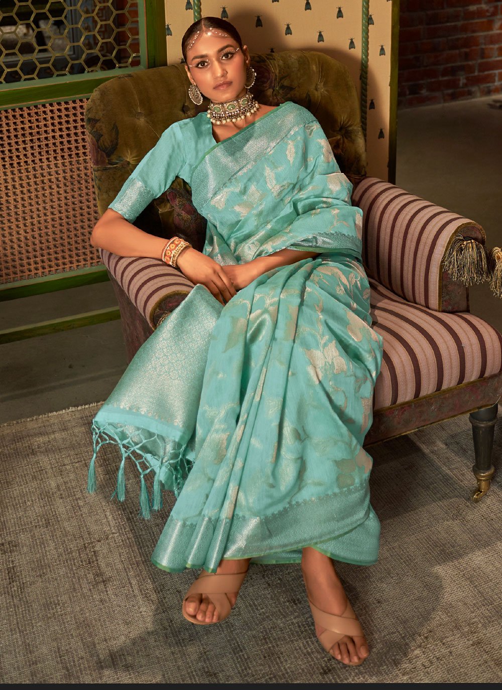 Classic Handloom Silk Aqua Blue Weaving Saree