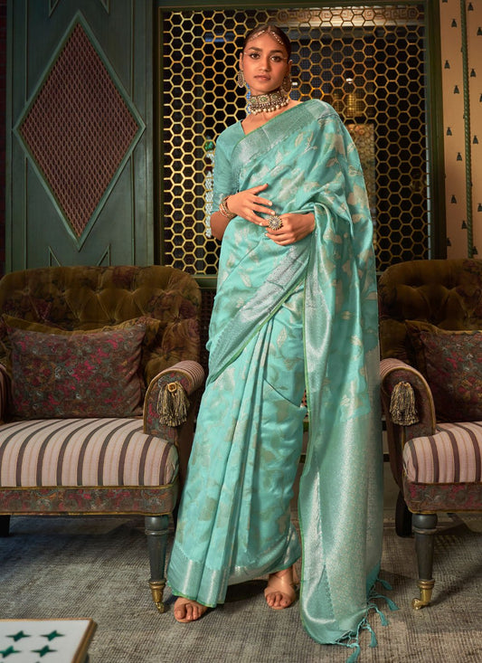 Classic Handloom Silk Aqua Blue Weaving Saree