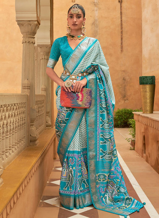 Contemporary Patola Silk Aqua Blue Weaving Saree