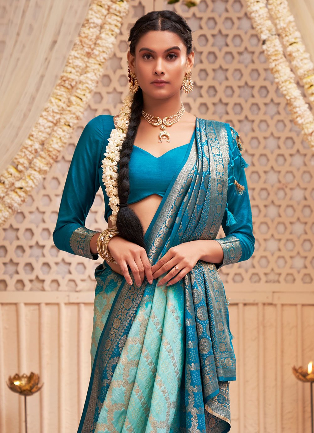 Contemporary Raw Silk Aqua Blue Weaving Saree