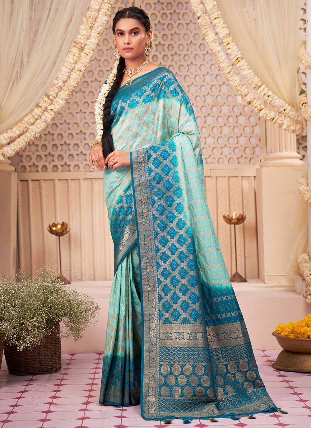 Contemporary Raw Silk Aqua Blue Weaving Saree