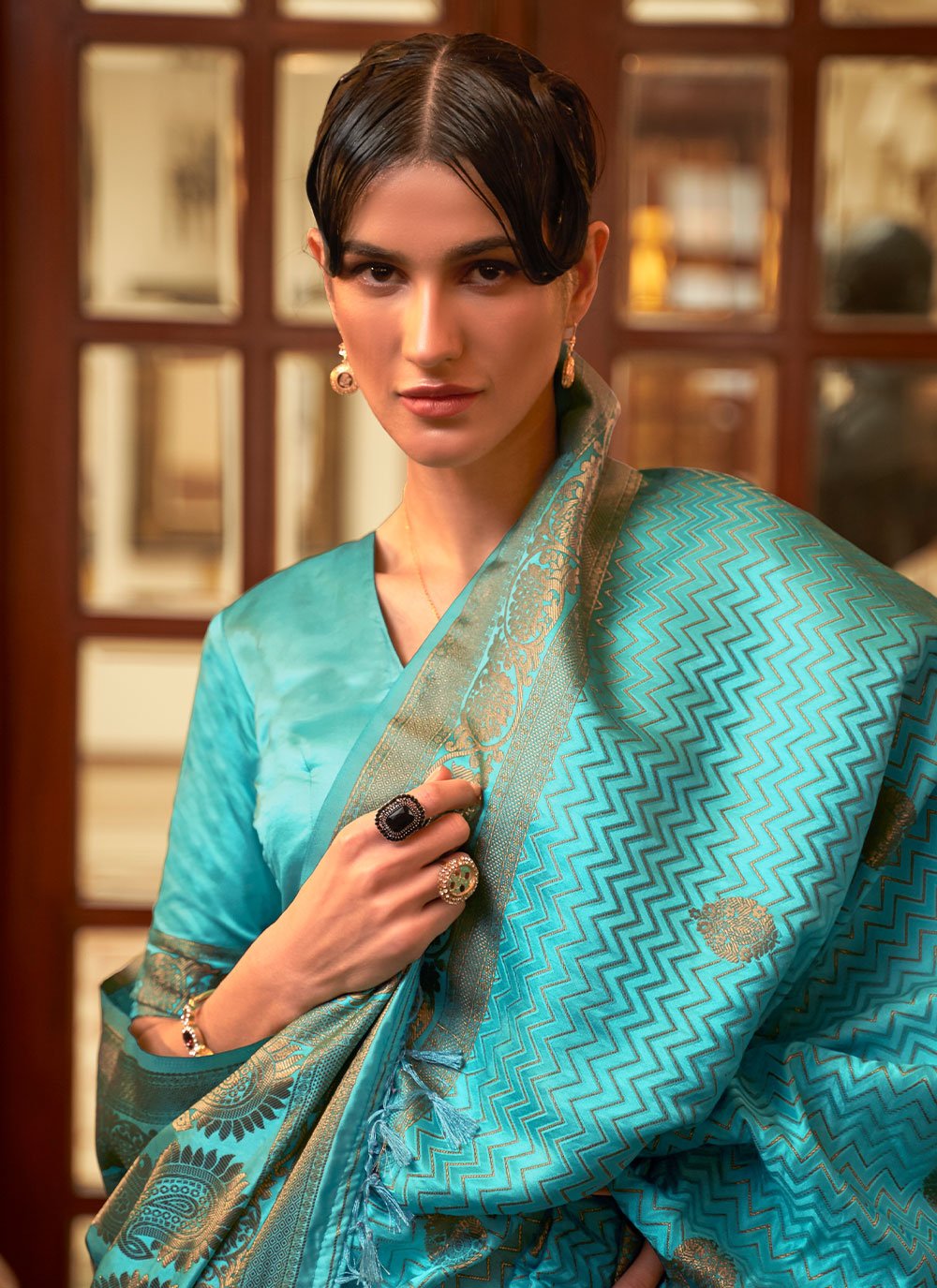 Trendy Saree Satin Silk Aqua Blue Weaving Saree