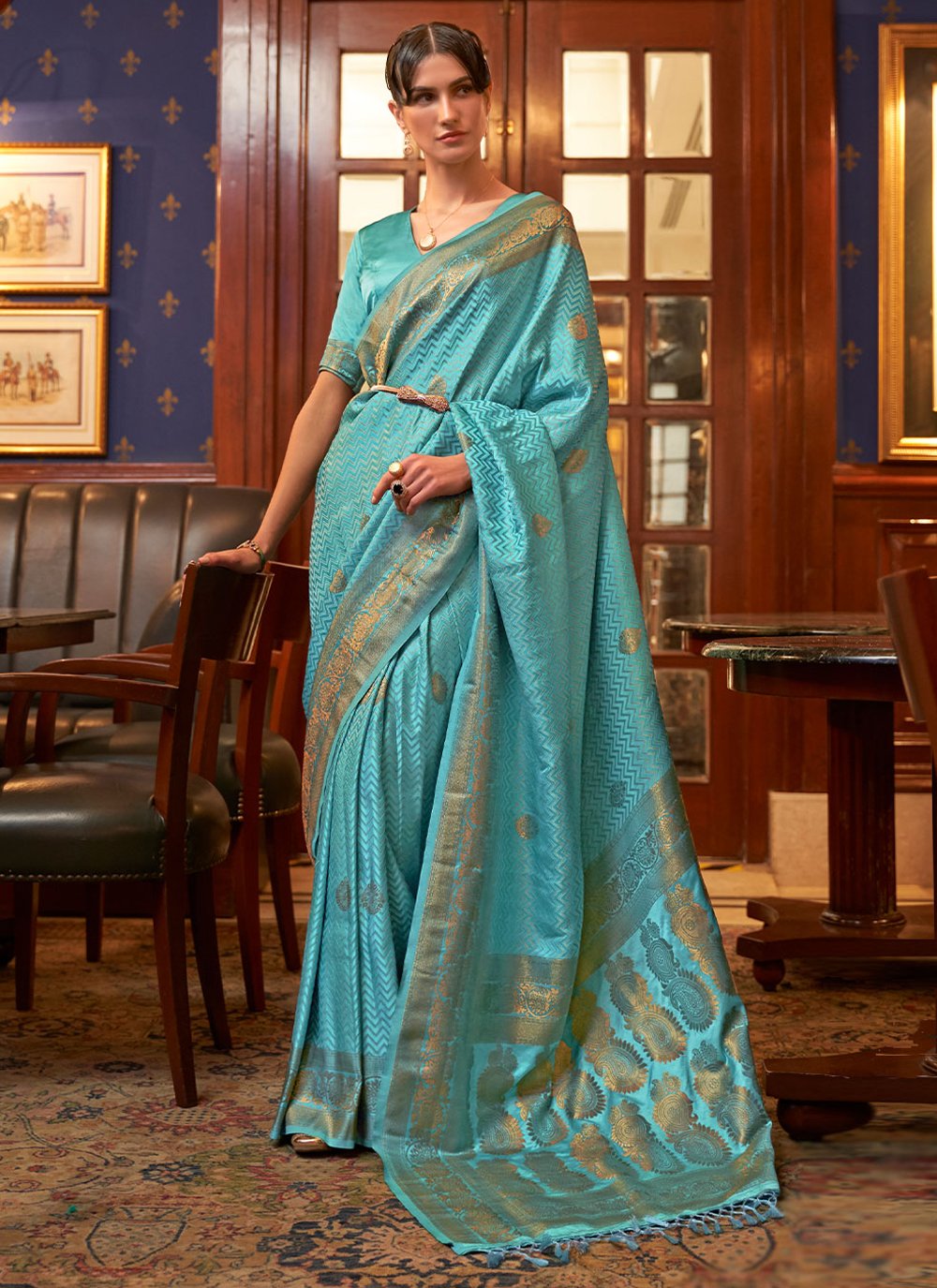 Trendy Saree Satin Silk Aqua Blue Weaving Saree