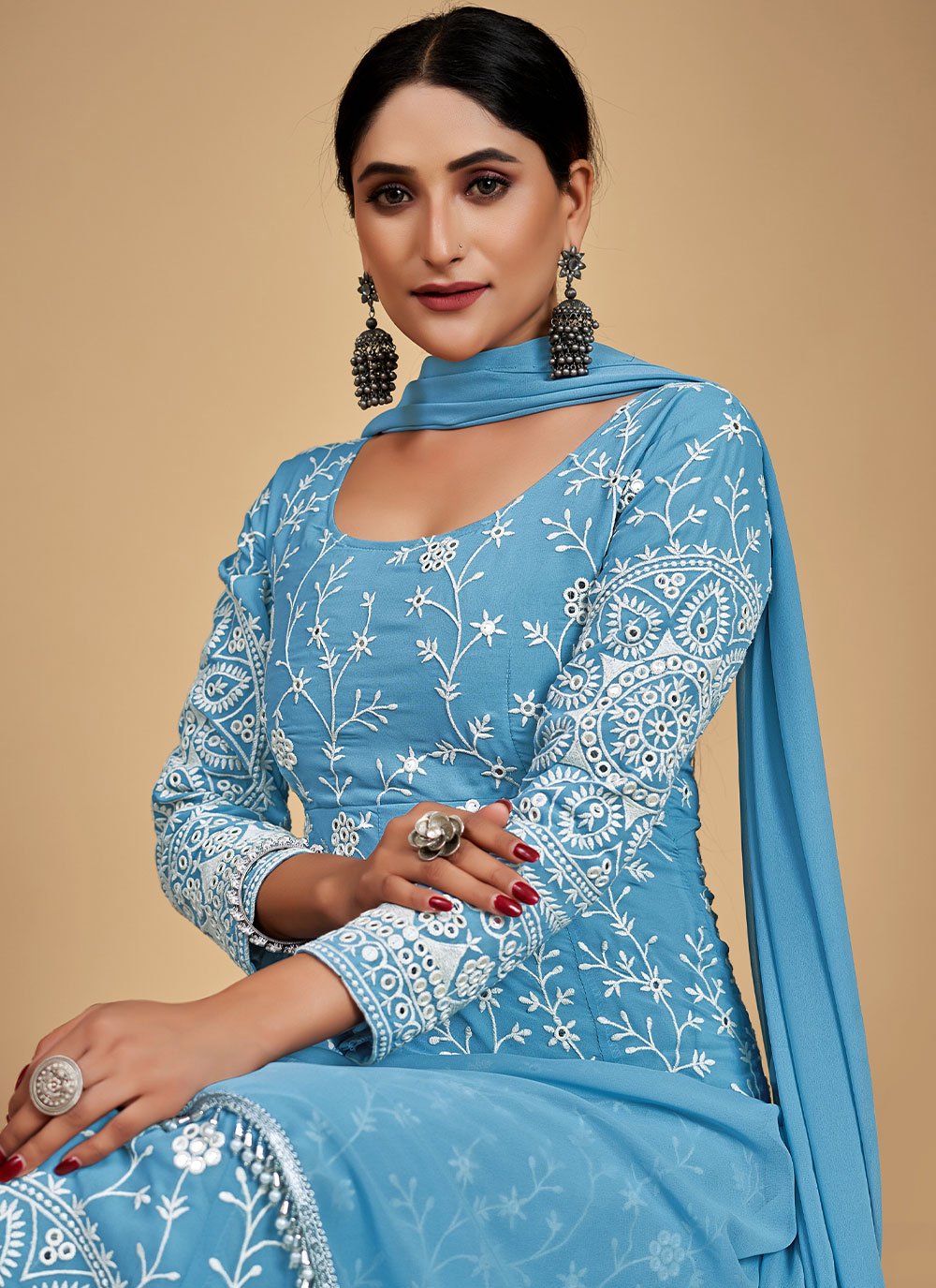 Anarkali Suit Georgette Aqua Blue Gota Work Salwar Kameez