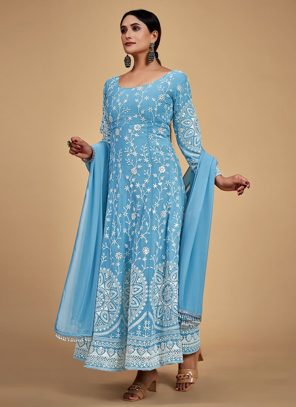 Anarkali Suit Georgette Aqua Blue Gota Work Salwar Kameez