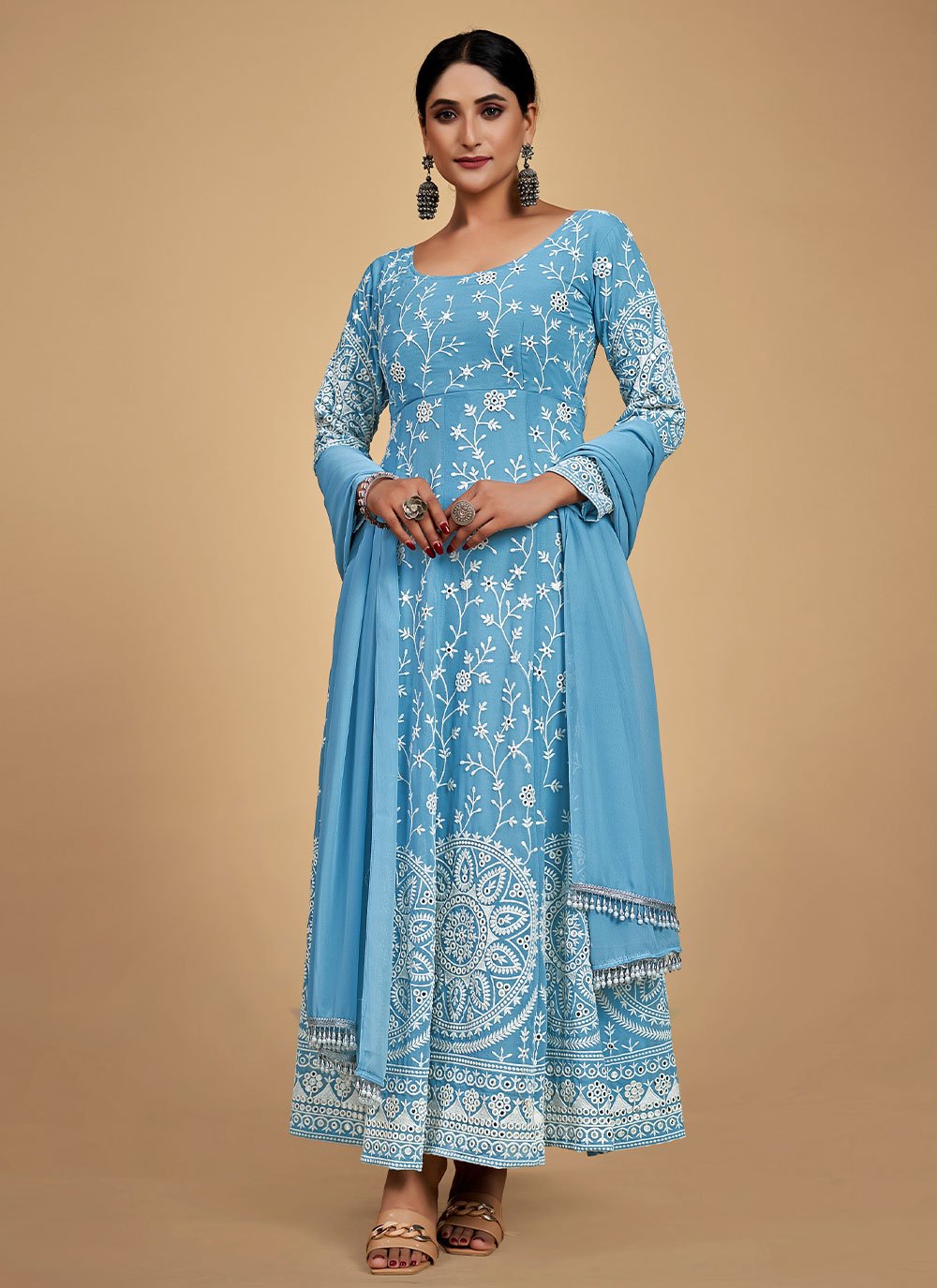 Anarkali Suit Georgette Aqua Blue Gota Work Salwar Kameez