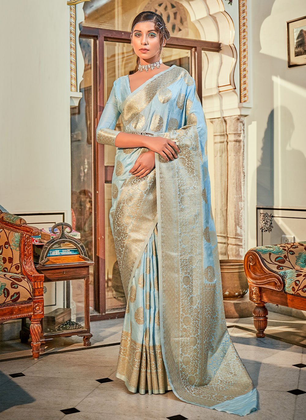 Classic Banarasi Silk Aqua Blue Weaving Saree