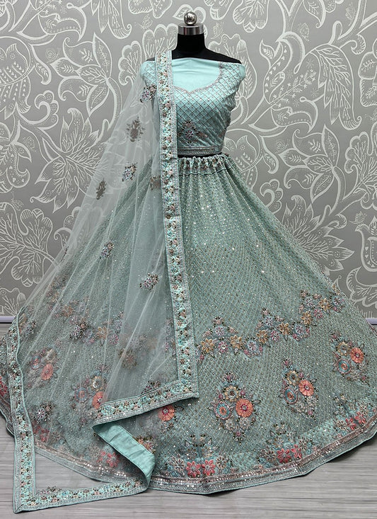 A Line Lehenga Net Aqua Blue Dori Work Lehenga Choli