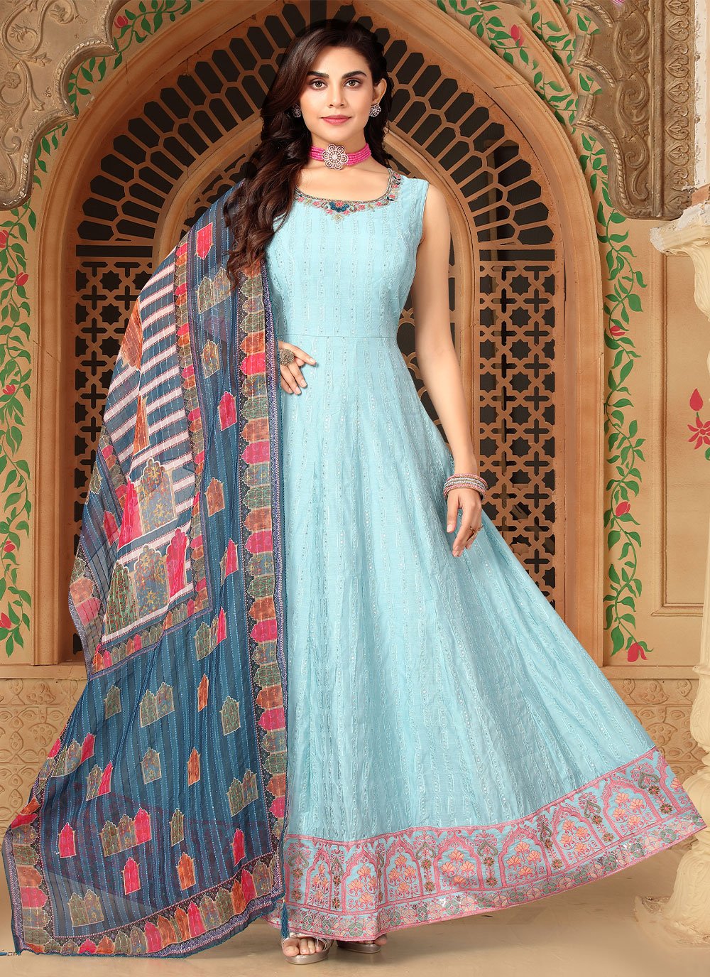 Salwar Suit Silk Aqua Blue Embroidered Salwar Kameez